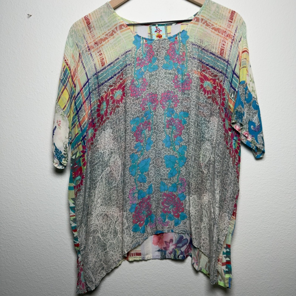 Johnny Was Women Oversized Top XS‎ Patchwork Floral Short Sleeve Lagenlook Artsy